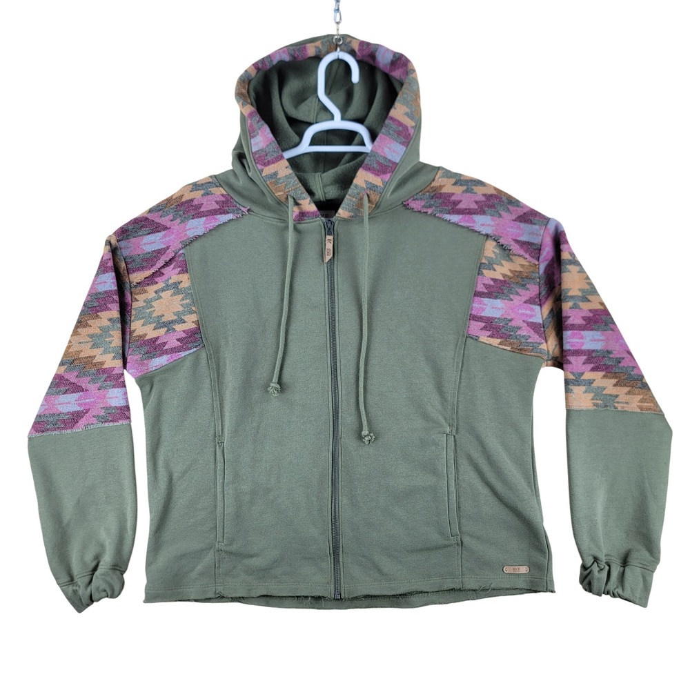 BKE Zip Up Hoodie Womens M Green Southwestern Pattern Fleece Raw Hem